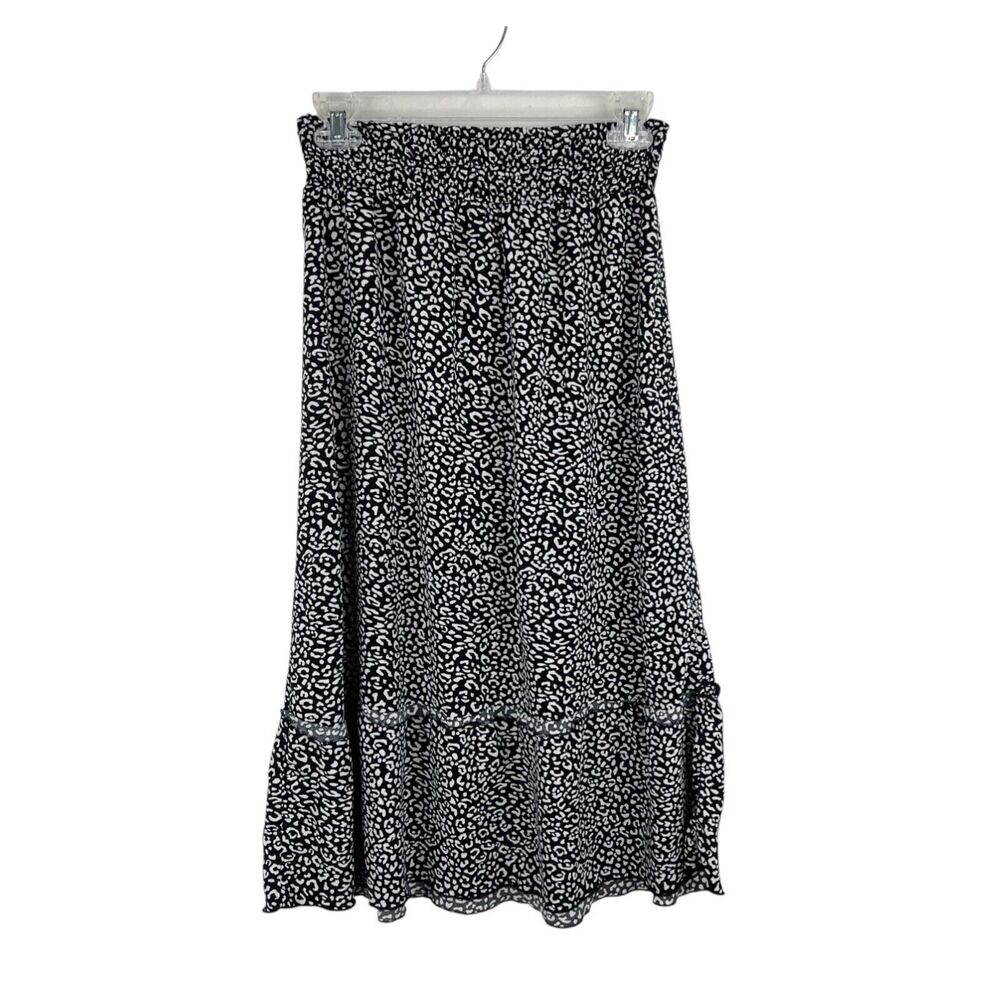 Bobeau Skirt Women Medium Black White Cheetah Print Midi Pull On Casual